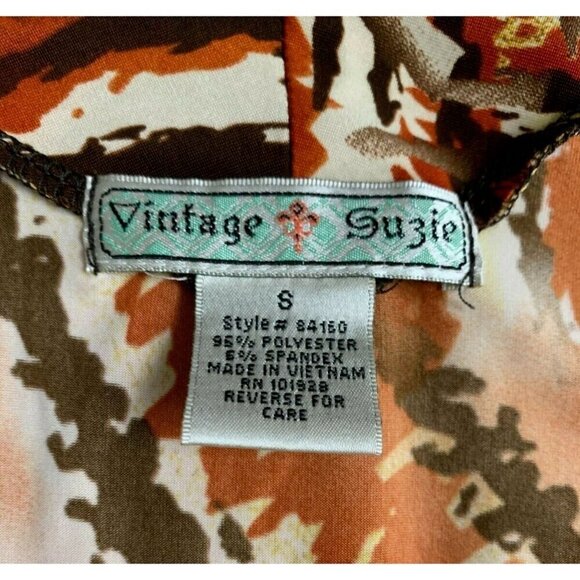 Vintage Suzie S Coral-Brown Swirl Lines Print V-Knotted Neckline Sleeveless Top - Picture 6 of 6